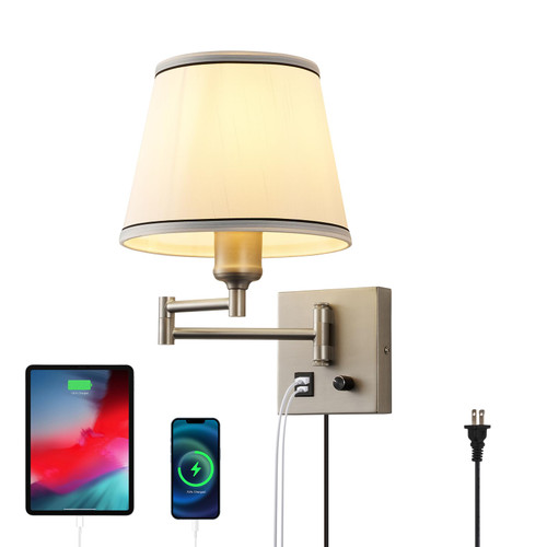 Homkin Plug-in Swing Arm Wall Sconce, Dimmable, Type-C & USB