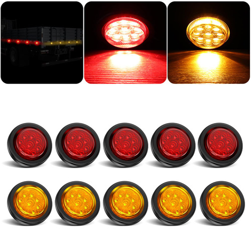 10Pcs 2 Inch Amber And Red 9 LED Round Side Marker Lights for Trailer