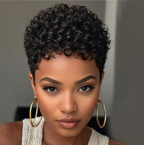 BeiSDWig Short Afro Kinky Curly Wig, Natural Black, Pixie Cut Style (Black)