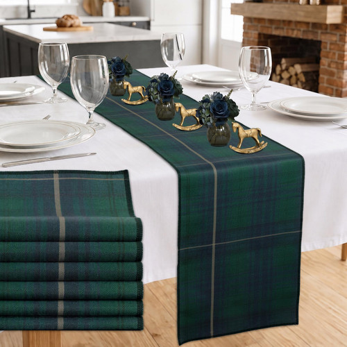6Pcs 72 x 13'' Tartan Plaid Bear Table Runners Vintage Baby Shower Table Runner Decoration Green and Blue Plaid Tables Runners for Baby Shower Wedding Birthday Farmhouse Dining Room Kitchen Decor