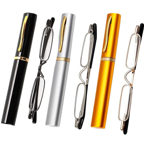 Viseng Slim Mini Metal Reading Glasses Compact Lightweight Portable Readers with Glasses Case for Reading Case,Gold+Silver+Black+1.5