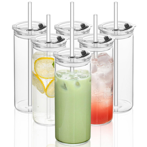 KEMORELA 6-Pack 18oz Large Round Glass Cups with Lids & Straws – Clear Tumblers for Iced Coffee, Juice, Smoothies – Reusable, Leakproof Beverage Set