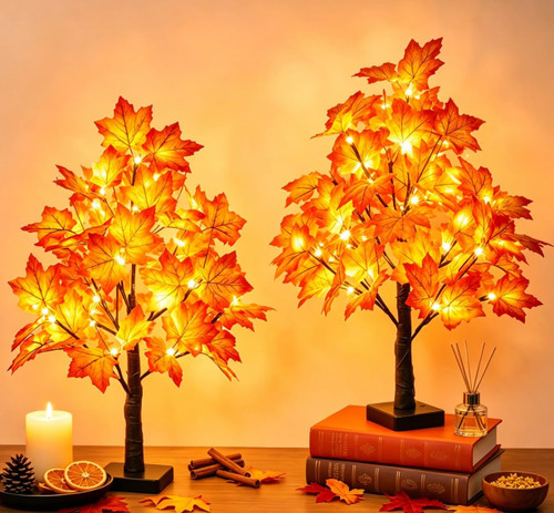 24 Inch Fall Tree with 24 LED - Warm White Lighted Fall Trees Battery Operated Artificial Maple Tree for Fall Thanksgiving Table Centerpiece