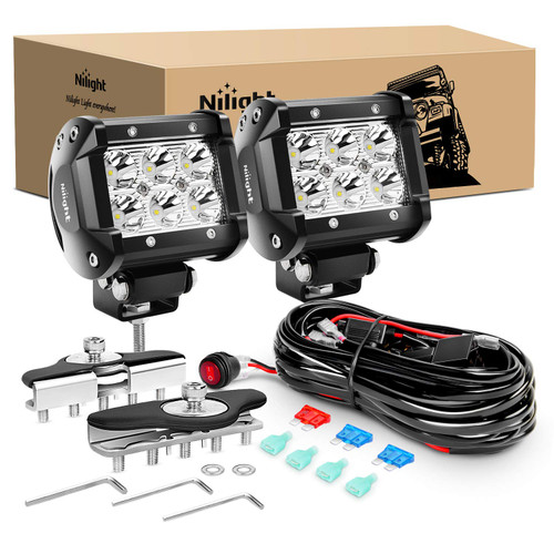 Nilight 2PCS 4 Inch 18W Spot led Pods Universal Adjustable Pillar Hood Led Work Light Mount Bracket with Off Road Wiring Harness-2 Leads