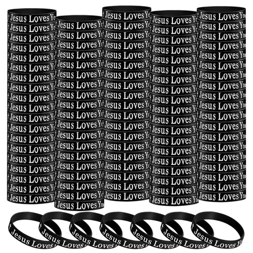 Douaowoc 100 Pcs Jesus Loves You Silicone Wristbands Black Motivational Rubber Bracelets Inspirational Bracelet Church Gifts for Men Women Party Favors