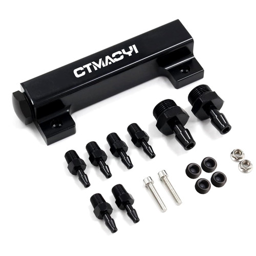 6 Port Universal Vacuum Block Intake Manifold Kit, CNC Billet Aluminum Air Distribution Manifold with 1/2" & 1/8" NPT Ports for Turbo Boost, Fuel Pressure Regulator, BOV & Racing Applications