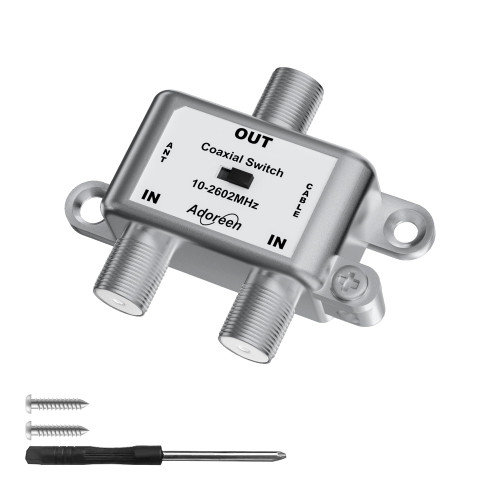 Adoreen 2 Way Coaxial A/B Switch, 10-2602MHz Digital RF RG6/RG59 Coax Slide Switcher Selector, 2 Input & 1 Output, 75Ω for Outdoor CATV, Satellite, Antenna, Modem with Screws & Screwdriver Kit