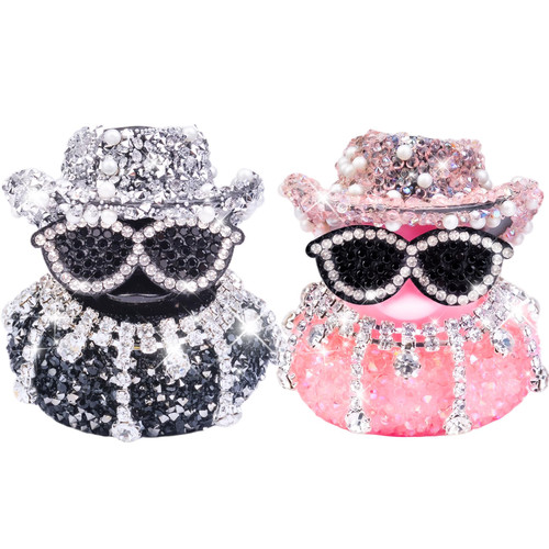 MuMyer Diamond Bling Rubber Duck Car Ornaments, 2Pcs Sparkly Rhinestones Duck Dashboard Decorations for Cool Car Accessories with Mini Shiny Diamond Cowboy Hat Necklace and Sunglasses