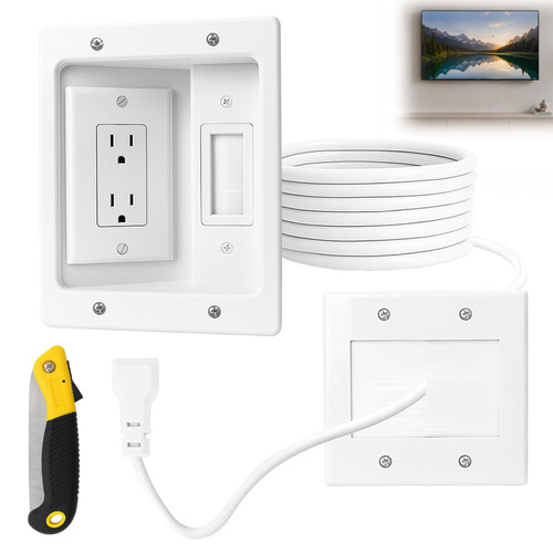 in-Wall TV Cable Management Kit with Recessed Dual AC Outlet, 9FT Extension Cord & Brush Wall Plate, TV Wire Hider for Wall Mounted TV, Power & Low Voltage Cable Concealer (2AC)
