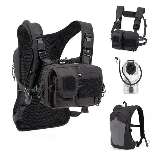 CLTAC 2-in-1 Tactical Chest Pack & Hydration Backpack with 2.5L Water Bladder, Modular Molle Hydration Vest, 500D Nylon Lightweight Running Water Bag for Gravel Cycling, MTB, Hiking, Enduro - Black