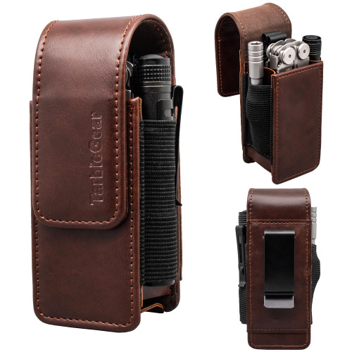 TarbicGear Multitool Holster with Belt Clip for Men, Faux Leather Multitool Sheath for Belt, Pocket Organizer for Work, Fits for Leatherman, SOG, Gerber Tools, Coffee