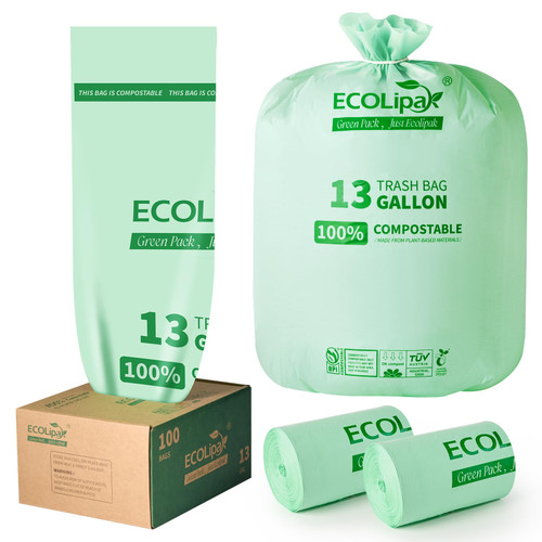 ECOLipak 13 Gallon 100 Count Compostable Kitchen Trash Garbage Bags
