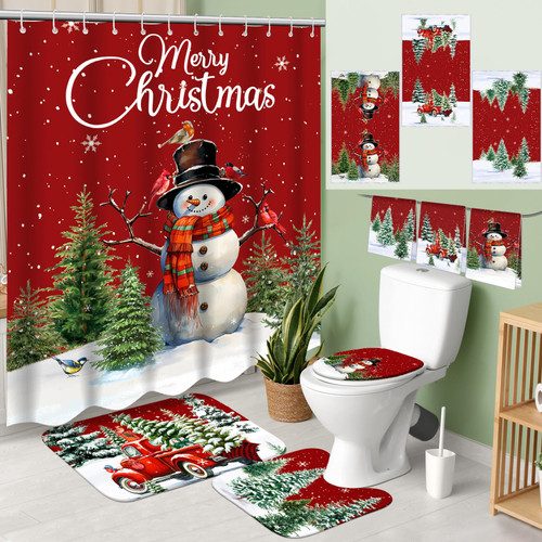 Vesici 7 Pcs Waterproof Christmas Shower Curtain Set, Classic Style