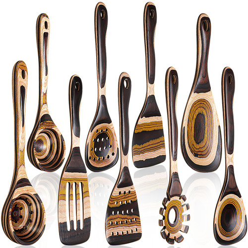 Teenyyou 9 Pcs Brown Pakkawood Wood Kitchen Utensils Cooking Set