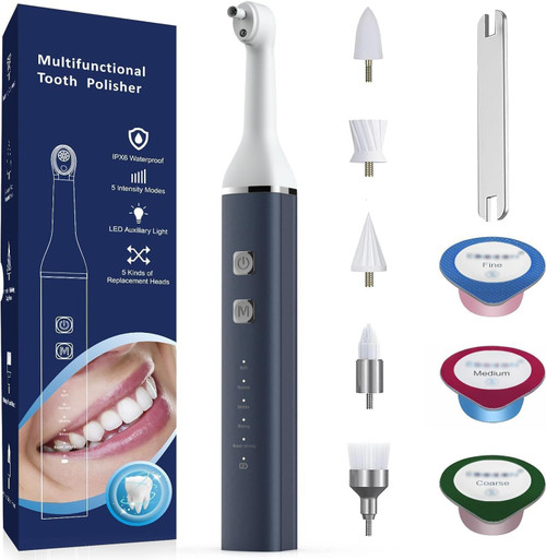 Tooth Polisher,Teeth Polishing Kit for Daily Cleaning,Polishing Then Whitening of Tooth (Professional Toothpaste Include),USB Rechargeable Dental Polisher with LED Light,6 Heads,5 Speed Modes