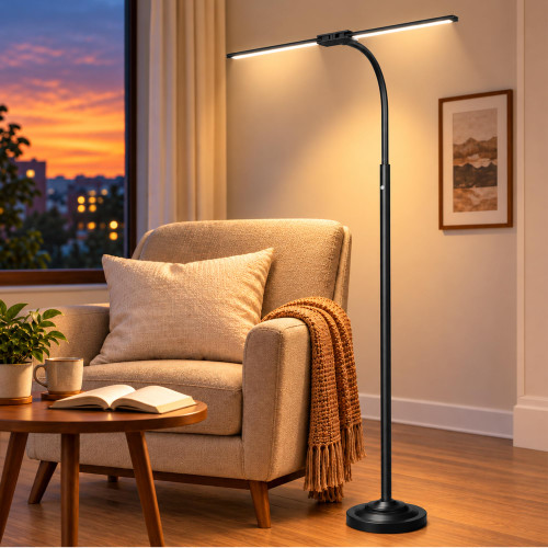 Cordless Floor Lamp Rechargeable, 15W Bright LED Floor Lamp with 8000mAh Battery, Dual Head Gooseneck Standing Lamp, 3 Color Temperatures, Stepless Dimming Battery Floor Lamp for Bedroom Office