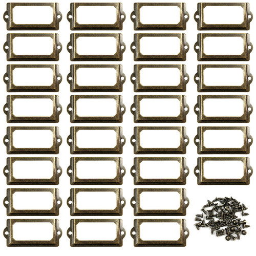 30PCS Metal Label Holders,Shelf Label Holder for Wood Shelves,Name Card Holder,Label Holder for Drawer Cabinet. 70x33mm Bronze Card Catalog Drawer Label Frame with 60PCS Screws,by ChanQnTon.