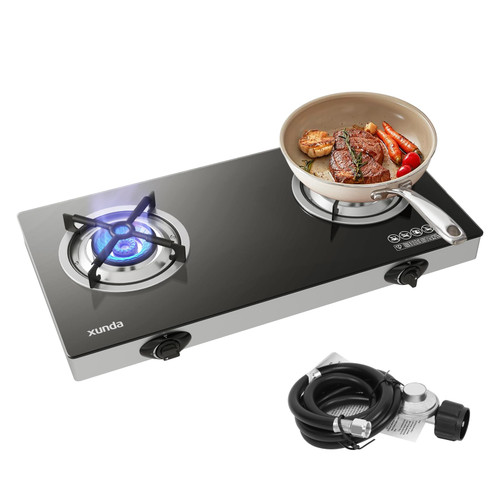 xunda Outdoor Propane s Stove, 28000 BTU Dual Burner LPG Propane Gas Cooktop with Tempered Glass Top, Portable Gas Stove for Outdoor Cooking Camping Grilling