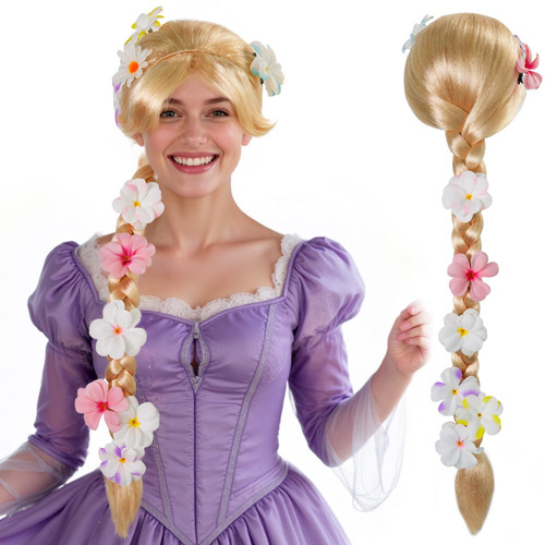 BESTBEL 90cm Long Blonde Wig with 10 Flowers Blonde Braided Wigs with Bangs