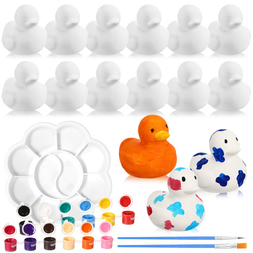 Blueweenly 17 Pcs Paint Your Own Ceramic Duck Craft Set Include 12 Unpainted Ceramic Duck 2 Strips of Paints with 1 Palette 2 Brushes