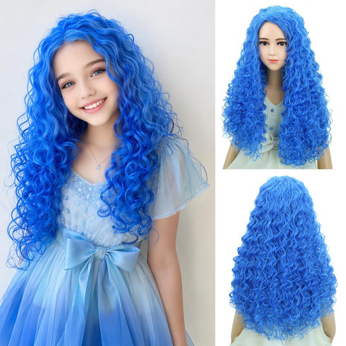 WTHCOS Blue Kids Wigs Long Culy Wavy Cosplay Wig Heat Resistant Synthetic Wigs for Halloween Cosplay Costume Party(Blue Costume Wig)
