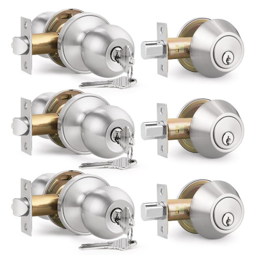 Brotima 3 Pack Keyed Entry Door Knob and Single Cylinder Deadbolt Combination Set in Satin Nickel, Exterior Door Knob with Deadbolt, Keyed Alike Door Lock Sets Deadbolt Combo