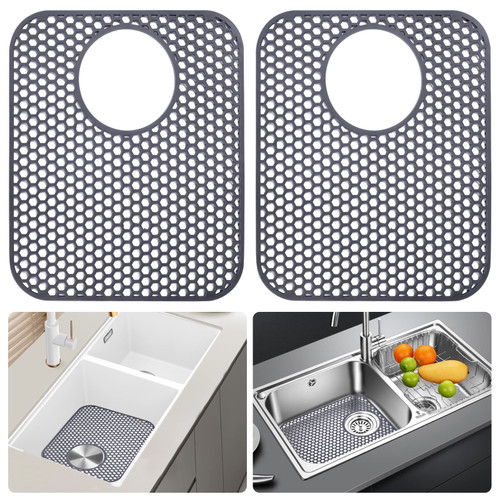 LONGFITE Sink Protector Mats 2 Pcs Silicone Kitchen Sink Mat Draining Heat Proof Mat with Rear Center Drain (Rear Drain)