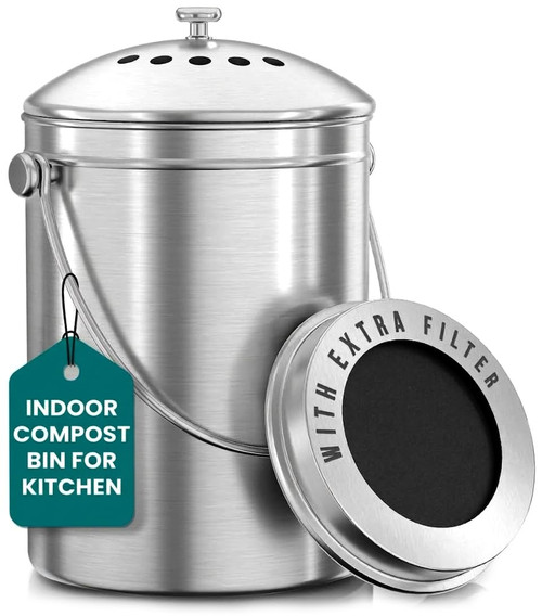 Utopia Kitchen Countertop Compost Bin 1.3 Gallon, Stainless Steel, Silver