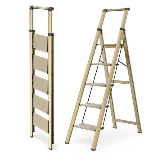 WOA WOA 5 Step Ladders for Home, 300lbs Load, 46'' Top Step, Gold
