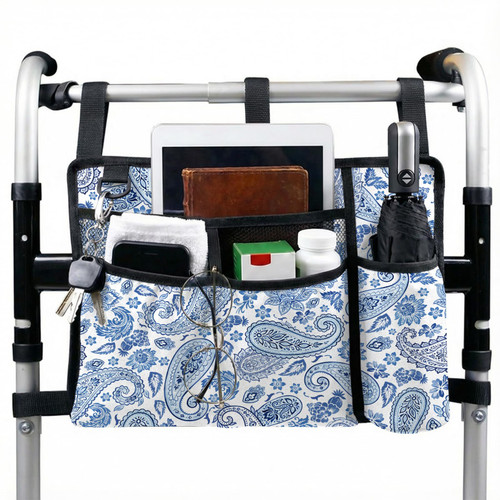 Walker Bag with Cup Holder, Flowers Walker Accessories for Seniors Detachable, Flowers Foldable Walkers Basket with Big Capacity, Armrest Accessories for Folding Walkers Rollators