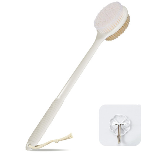VANZAVANZU Back Scrubber for Shower, 17 Inch Long Handle Back Brush, Dual-Sided Bath Brush, Anti-Slip Handle Shower Brush for Wet or Dry Brushing (Cream White)
