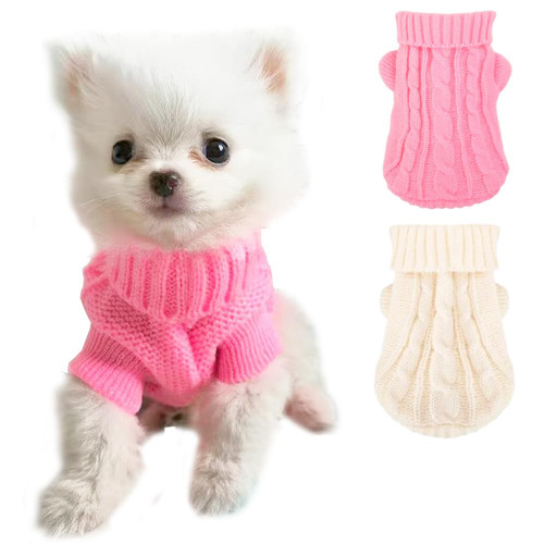 JAAQUCD 2 Pack XXS Dog Clothes Girl Turtleneck Knitted Puppy Sweater for Small Dogs Fall Winter Chihuahua Yorkie Teacup Clothing Warm Kitten Cat Knitwear (Pink+White, XS-6)