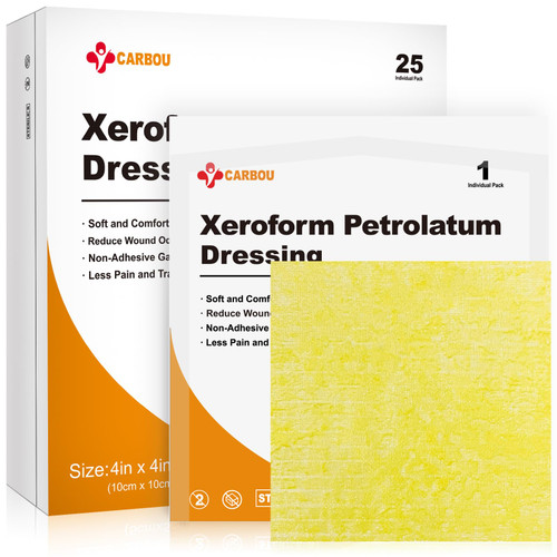 Carbou 4"x4" Medical Xeroform Petrolatum Dressing, 25 Pack, Non-Stick Gauze