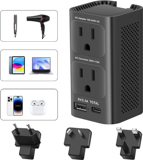 220v to 110v Voltage Converter US to Europe, Power Converter Adapter Combo (Black)