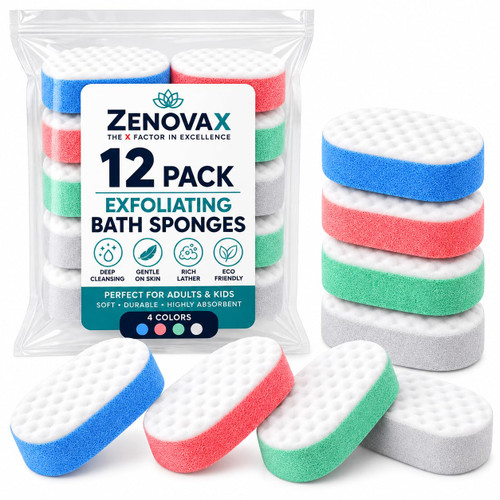 Exfoliating Bath Sponge for Adults and Kids – Pack of 12 Massage Sponges for Men and Women, Perfect for Body Scrubbing in The Shower (Multi Colour Exfoliating Bath Sponges)