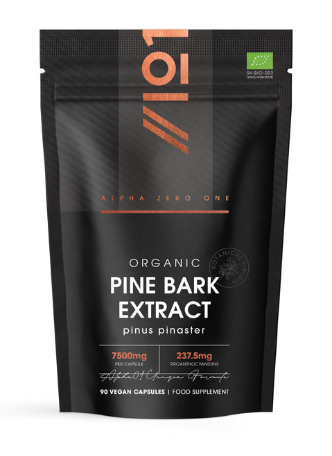 Organic Pine Bark Extract 7500mg – 237mg OPC Proanthocyanidins High Strength – 90 Vegan Capsules (3 Months Supply) – Resealable and Recyclable Pouch by Alpha01