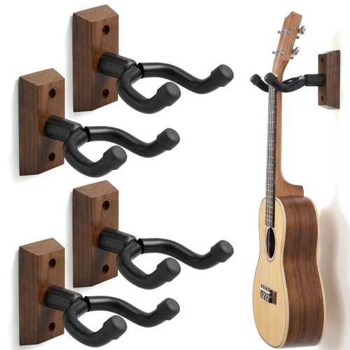 4 Pcs Ukulele Wall Mount, Acoustic Guitar Wall Mount Hanger Set, Black Walnut Wood U-Shaped Holder for Ukulele Banjo Mandolin Guitar, Wall Mount Hook for Home Music Studio Decor