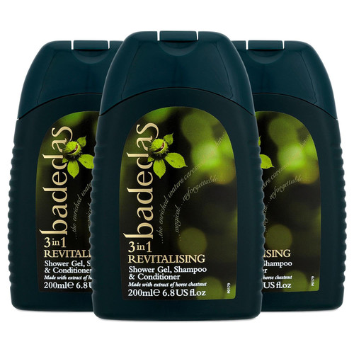 Badedas 3-in-1 Revitalizing Shower Gel Shampoo and Conditioner having a rich formulation with extract of horse chestnut and the distinctive Badedas Fragrance, 200 ml Pack of 3