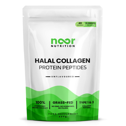 Noor Nutrition - Halal Bovine Collagen Peptides Powder 400g for Hair, Skin, Nails and Joints - Hydrolysed Collagen Protein (Type 1 & 3) for Women and Men - High Levels of 8 Essential Amino Acids