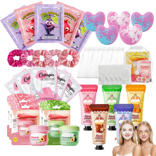 40 Pcs Spa Party Supplies - 5 Pamper Gift Bags with Face Masks, Eye Masks, Hand Creams, Lip Balms, Foot Bath Bombs, Headbands & Towels for Birthday, Hen Party, Bridal Shower & Sleepover