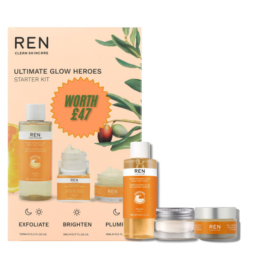 Ren Clean Skincare Ultimate Glow Heroes Set - Daily AHA Tonic 100ml, Brightening Dark Circle Eye Cream 5ml & Glow Daily Vitamin C Gel Cream 15ml