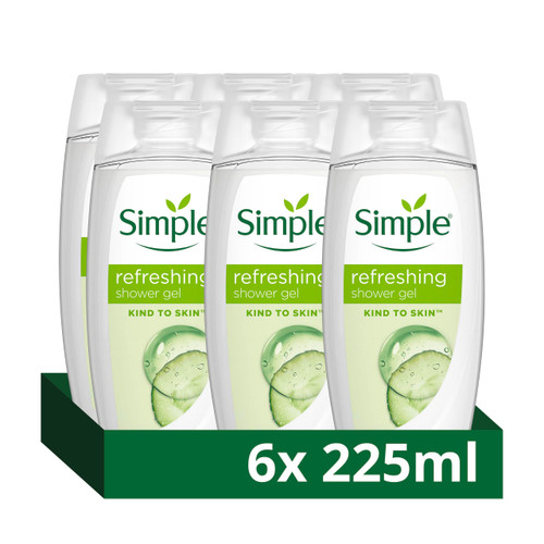 Simple Kind to Skin Refreshing Shower Gel pack of 6 body wash with natural cucumber extract for dry skin 225 ML, White