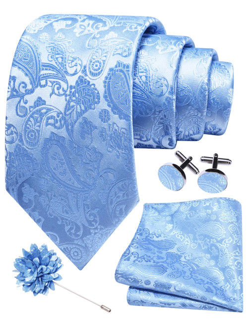 Gusleson Baby Blue Tie for Men Paisley Fashion Wedding Necktie Pocket Square Cufflinks and Lapel Pin Brooch Set (UK6105-03)