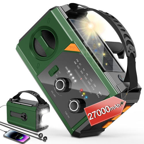 27000mAh Wind Up Radio with Solar, Hand Crank, Battery Power, Rechargeable Emergency radio with FM/AM, Bluetooth-compatible 5.0, SOS Alarm, Torch, Reading Light for Camping, Hiking, Survival