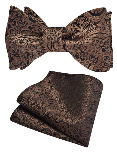 Gusleson Mens Brown Self Tie Bow Tie Silk Woven Paisley Bow tie Handkerchief Set for Wedding (UK0652-27)