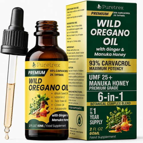 Puretrex Wild Oregano Oil Drops with Ginger & Manuka Honey, 60ml