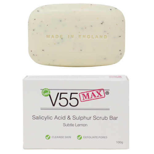 V55 MAX Salicylic Acid, Tea Tree Oil and Sulphur Soap Scrub for Spots Blackheads Milia Blemishes Problem Skin Suitable and Safe for those Prone to Acne - Paraben and Cruelty FREE - 100 g