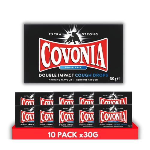 Covonia Double Impact Cough Drops Sugar Free 10 Pack x 30g, Powerful Menthol Vapours, Suitable for Vegetarians & Diabetics, Alcohol Free Cough Drops, 30g