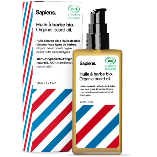 Sapiens Barbershop Beard Oil for Men 50ml - Cosmos Organic Certified Beard Growth Oil - Moisturizing and Promoting Growth Beard Care with Natural Oils Castor, Jojoba, Argan, Almond - Made in France