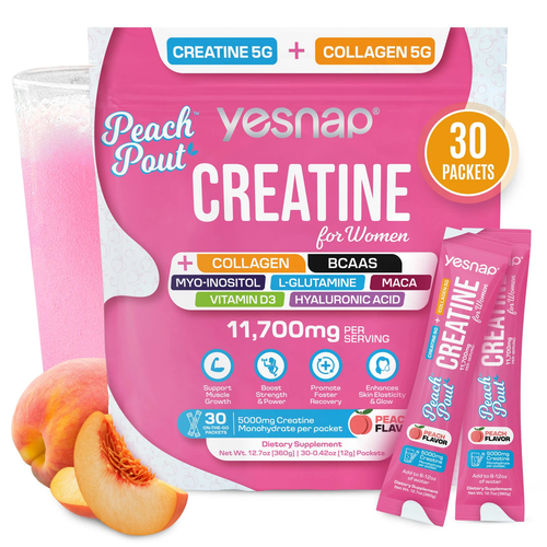"YESNAP Peachpout Creatine for Women, 5G Creatine Monohydrate + 5G Collagen Powder, Myo-Inositol & BCAA, MACA, Hyaluronic Acid, Delicious Peach Flavor, 30 Packets, All-In-One Women Wellness Supplement , Peach Flavor, Pack Of 1(30 Packets)"